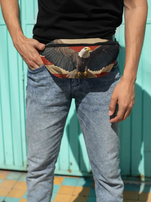 Man wearing a rugged fanny pack with a bold bald eagle print and American flag background – Western-style accessory from Rugged Rhythm.