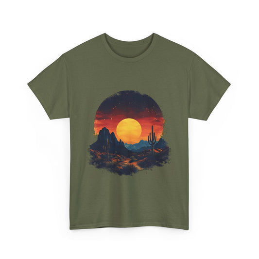 Sunset desert print on military green western t-shirt – Rugged Rhythm