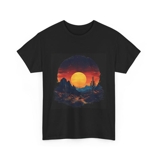 Western sunset graphic on black cotton t-shirt – Rugged Rhythm desert scene