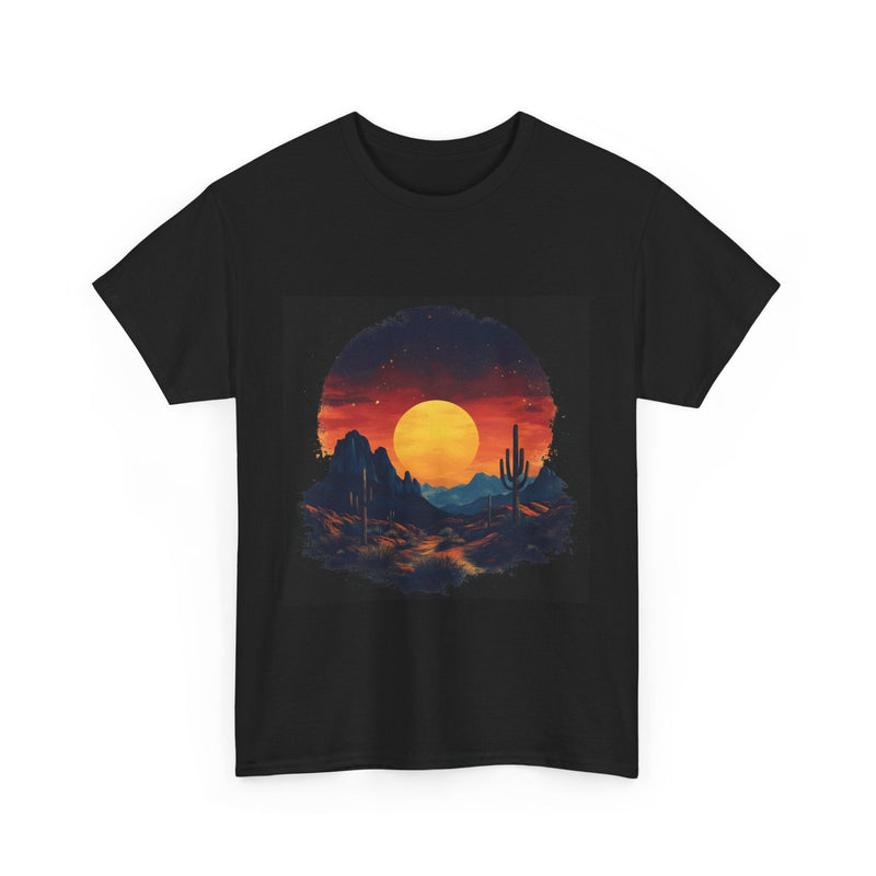 Western sunset graphic on black cotton t-shirt – Rugged Rhythm desert scene